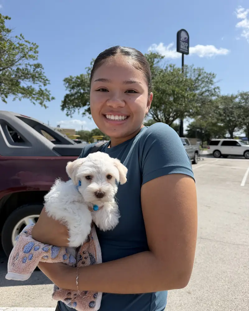 A young woman holding her new white puppy in a patterned blanket in a car park.
